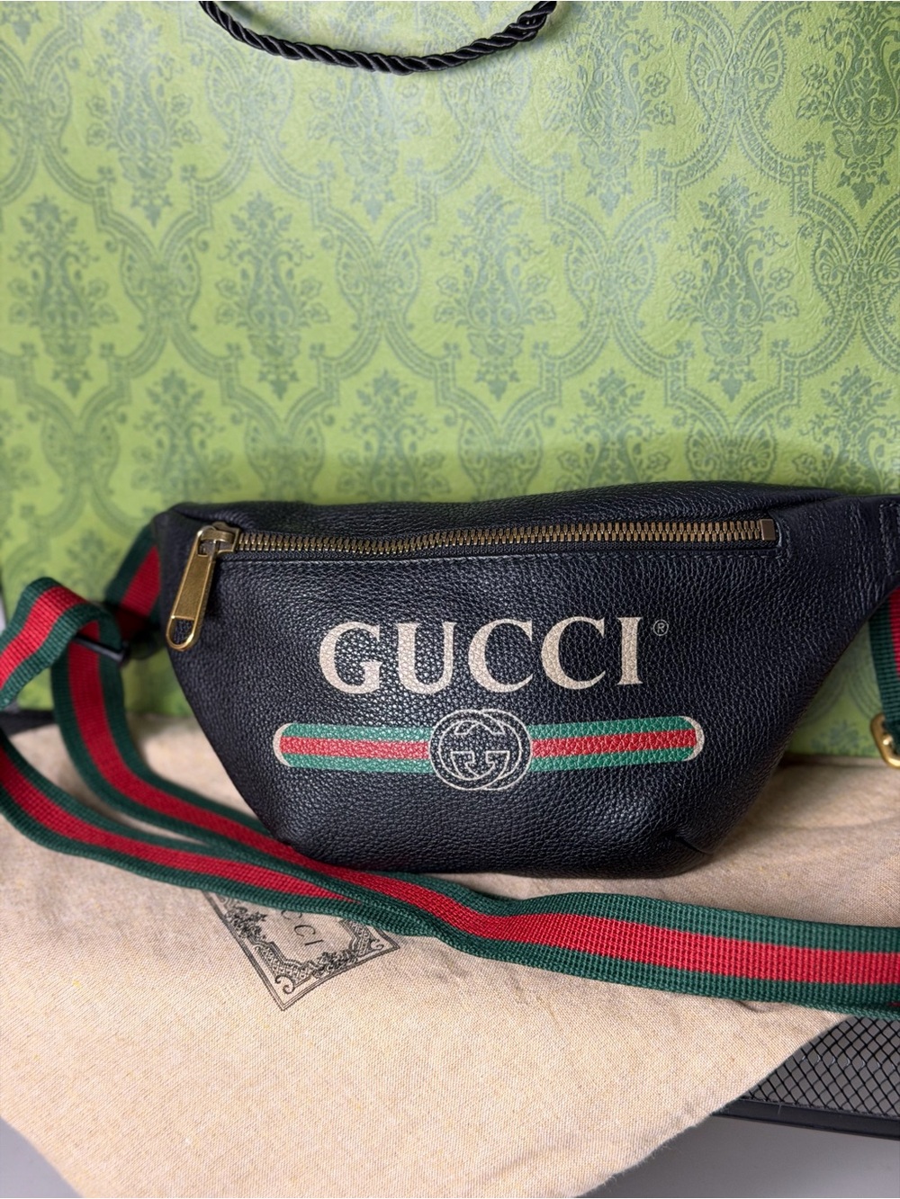 Gucci Print Leather Belt Bag Black Web Stripe Crossbody Waist Bag